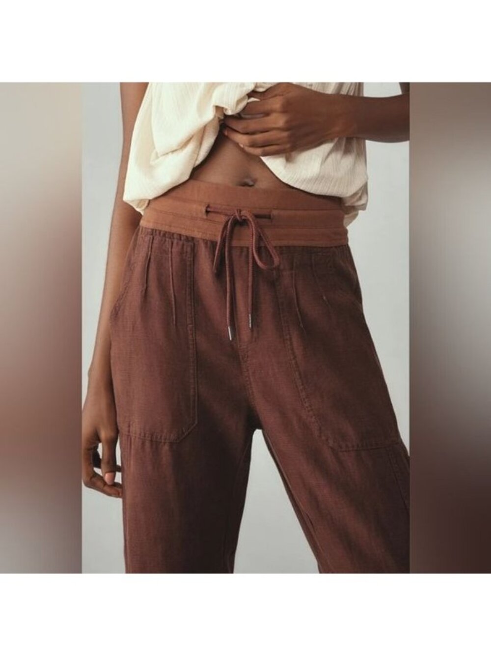 Anthropologie The Nomad High Waisted Jogger Linen Blend Brown L Hippie Gorpcore - Picture 2 of 11